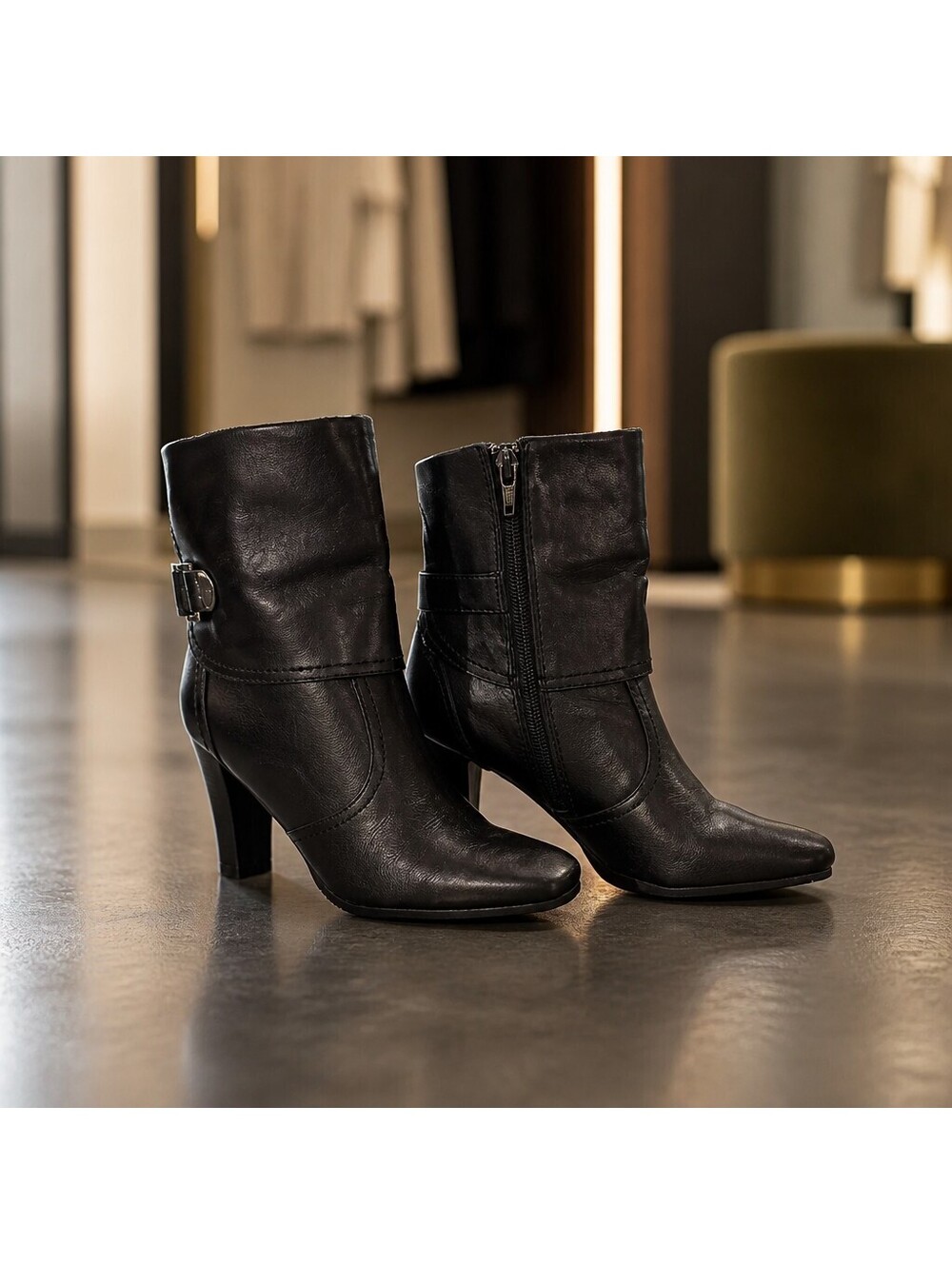 Laura Ashley Black Leather Ankle Boots Size 6 Medium Buckle Zip Block Heel 1265